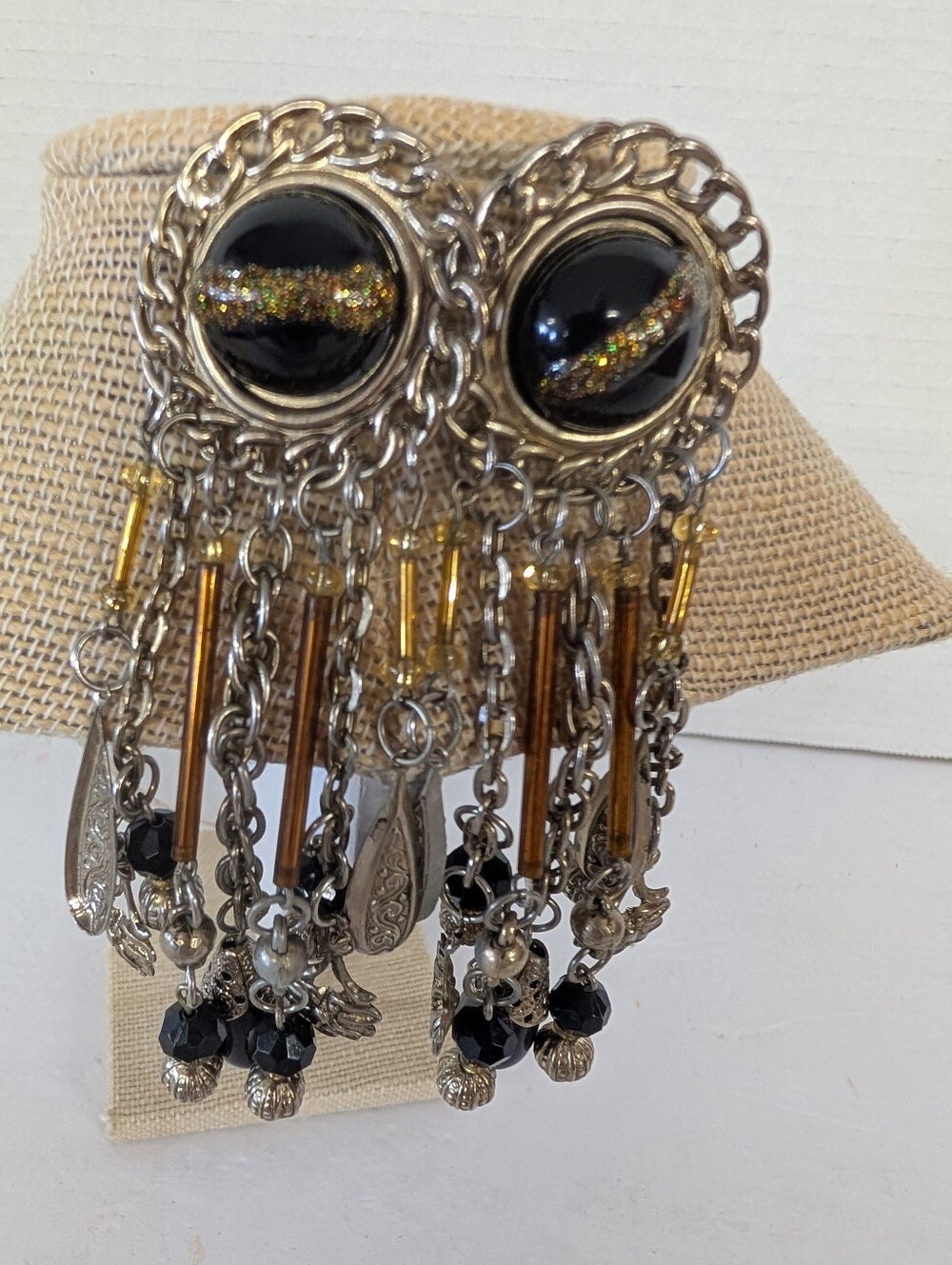 Vintage Black Gold Dangle 1990s Statement Earrings - Women's Jewelry